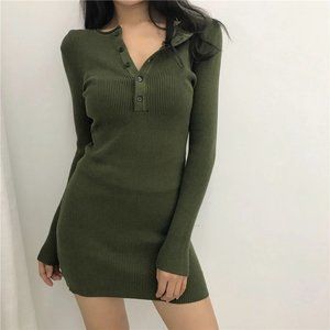 Long-Sleeve Buttoned Mini Bodycon Knit Dress